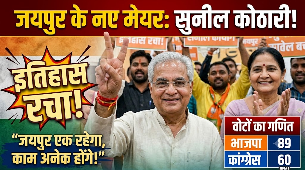 जयपुर नगर निगम में BJP का परचम: सुनील कोठारी बने नए मेयर, कांग्रेस की सुनीता को 29 वोटों से हराया जयपुर नगर निगम में BJP का परचम: सुनील कोठारी बने नए मेयर, कांग्रेस की सुनीता को 29 वोटों से हराया