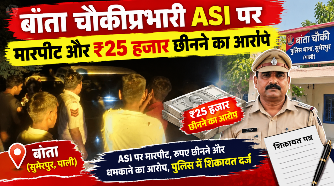 पाली में खाकी पर गंभीर दाग: बांता चौकीप्रभारी ASI पर मारपीट और ₹25 हजार छीनने का आरोप; ग्रामीणों के जुटने पर झाड़ियों में वर्दी-आई कार्ड फेंककर भागने की चर्चा, थानाप्रभारी बोले— ‘एएसआई गैरहाजिर, फोन भी बंद’ पाली में खाकी पर गंभीर दाग: बांता चौकीप्रभारी ASI पर मारपीट और ₹25 हजार छीनने का आरोप; ग्रामीणों के जुटने पर झाड़ियों में वर्दी-आई कार्ड फेंककर भागने की चर्चा, थानाप्रभारी बोले— ‘एएसआई गैरहाजिर, फोन भी बंद’