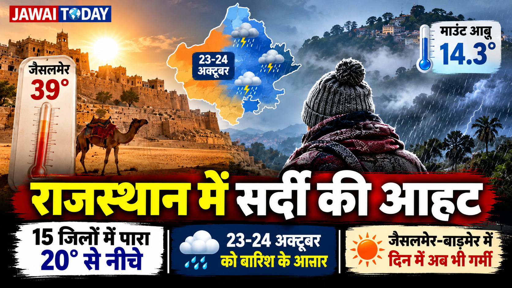 राजस्थान में सर्दी की आहट: 15 जिलों में पारा 20 डिग्री से नीचे, माउंट आबू 14.3 डिग्री; 23-24 अक्टूबर को बारिश और तेज हवाओं की संभावना
