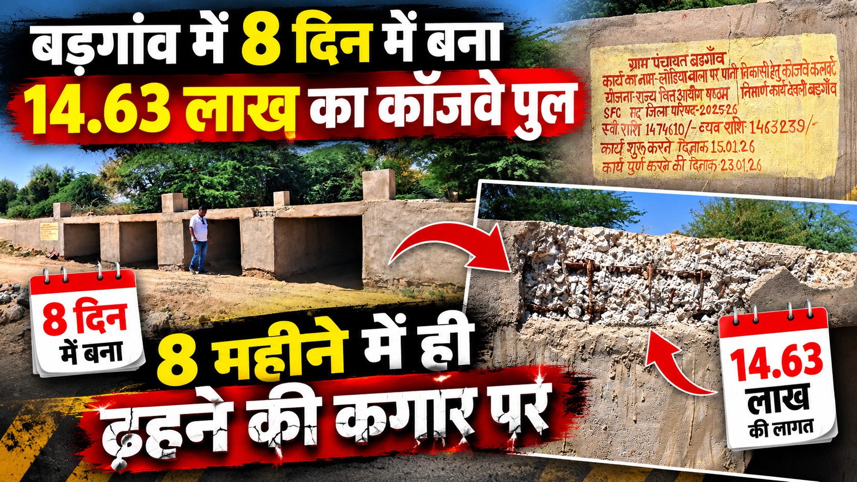 भ्रष्टाचार का ‘पुलिंदा’: सिरोही के बड़गांव में 8 दिन में बना 14.63 लाख का कॉजवे पुल, 8 महीने में ही ढहने की कगार पर; उखड़ा सीमेंट, बाहर निकला जंग लगा सरिया भ्रष्टाचार का ‘पुलिंदा’: सिरोही के बड़गांव में 8 दिन में बना 14.63 लाख का कॉजवे पुल, 8 महीने में ही ढहने की कगार पर; उखड़ा सीमेंट, बाहर निकला जंग लगा सरिया