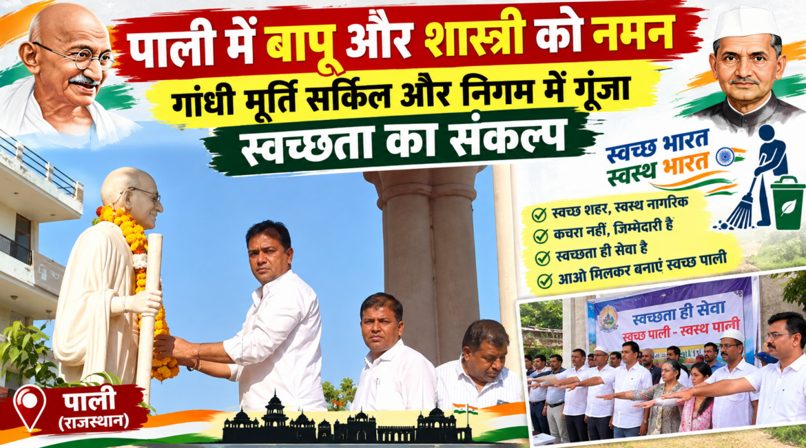 पाली में बापू और शास्त्री को नमन: गांधी मूर्ति सर्किल और निगम में गूंजा स्वच्छता का संकल्प, महापौर ने दिलाई शपथ; पक्ष-विपक्ष के दिग्गजों ने दी श्रद्धांजलि पाली में बापू और शास्त्री को नमन: गांधी मूर्ति सर्किल और निगम में गूंजा स्वच्छता का संकल्प, महापौर ने दिलाई शपथ; पक्ष-विपक्ष के दिग्गजों ने दी श्रद्धांजलि