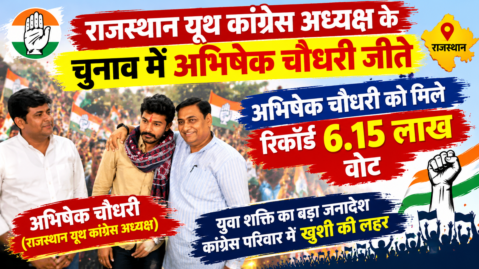राजस्थान यूथ कांग्रेस चुनाव परिणाम जारी: अभिषेक चौधरी को मिले रिकॉर्ड 6.15 लाख वोट, अनिल चोपड़ा दूसरे नंबर पर; इंटरव्यू के बाद होगी अध्यक्ष पद की अंतिम घोषणा राजस्थान यूथ कांग्रेस चुनाव परिणाम जारी: अभिषेक चौधरी को मिले रिकॉर्ड 6.15 लाख वोट, अनिल चोपड़ा दूसरे नंबर पर; इंटरव्यू के बाद होगी अध्यक्ष पद की अंतिम घोषणा